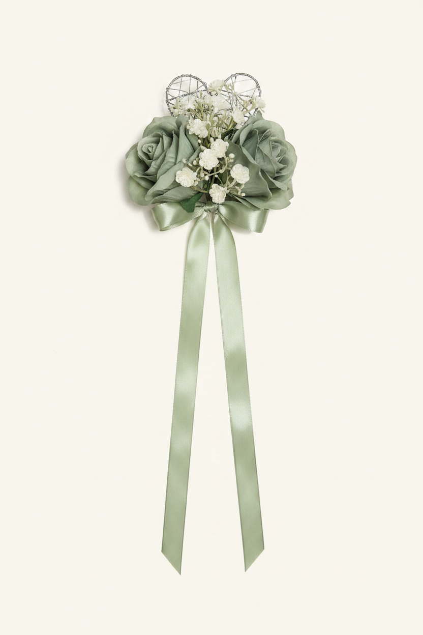 Sage pew end with heart side - ivory background