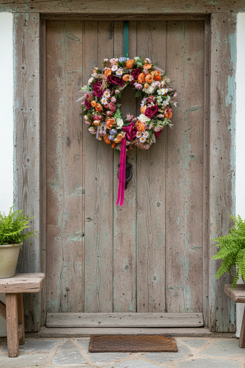 Spring wreath on rustic door