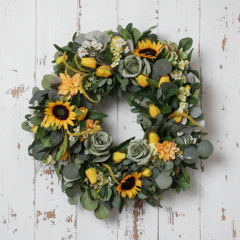 Sunflower and Tulip Wreath on White Rustic Door