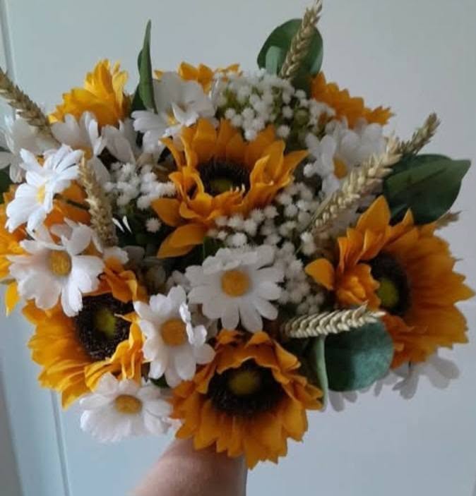 Thea artificial sunflower and daisy bridal bouquet with hessian ribbon