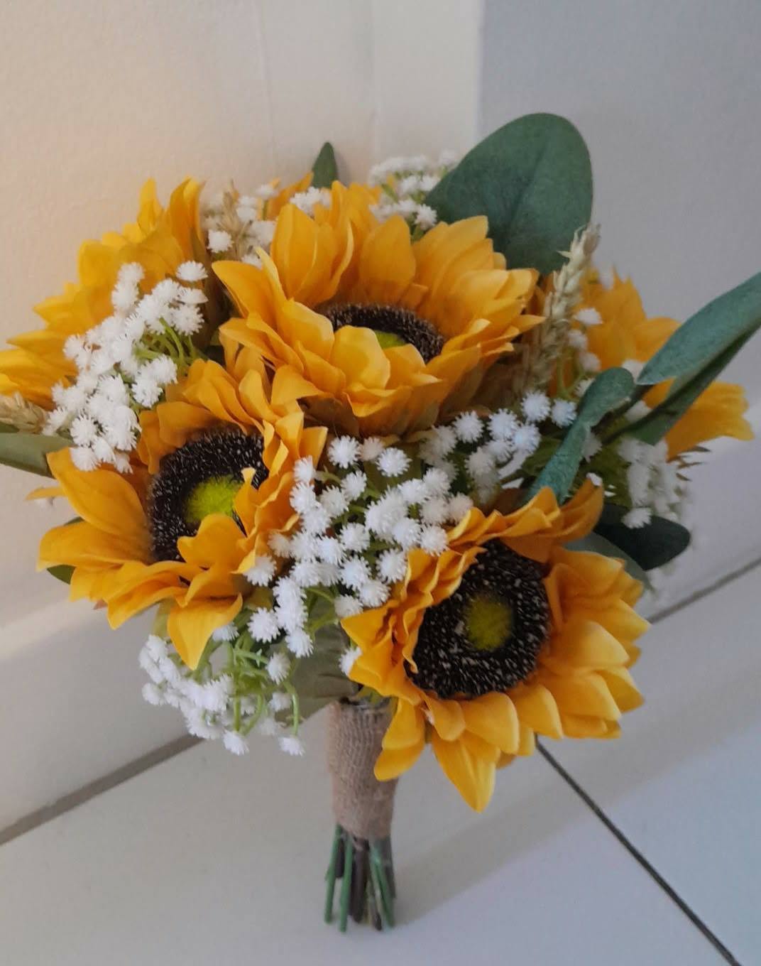 Thea artificial sunflower and gypsophila bridal bouquet close up