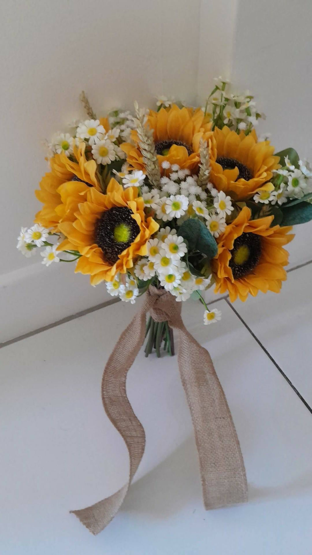 Thea artificial sunflower and daisy bridal bouquet front view