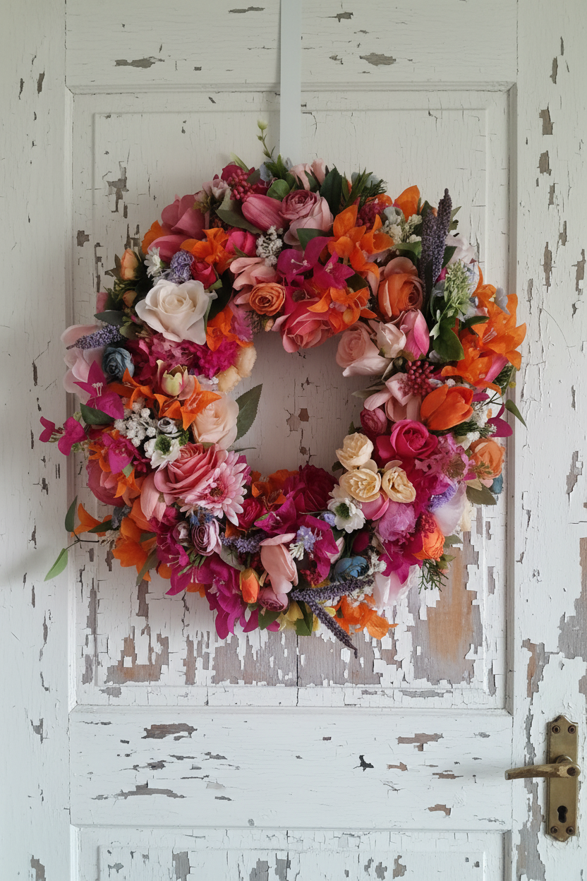 Vibrant Colourful Wreath on Rustic White Door