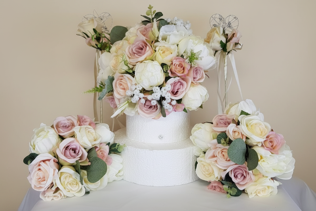 Wedding cake scene with clean luxury backdrop