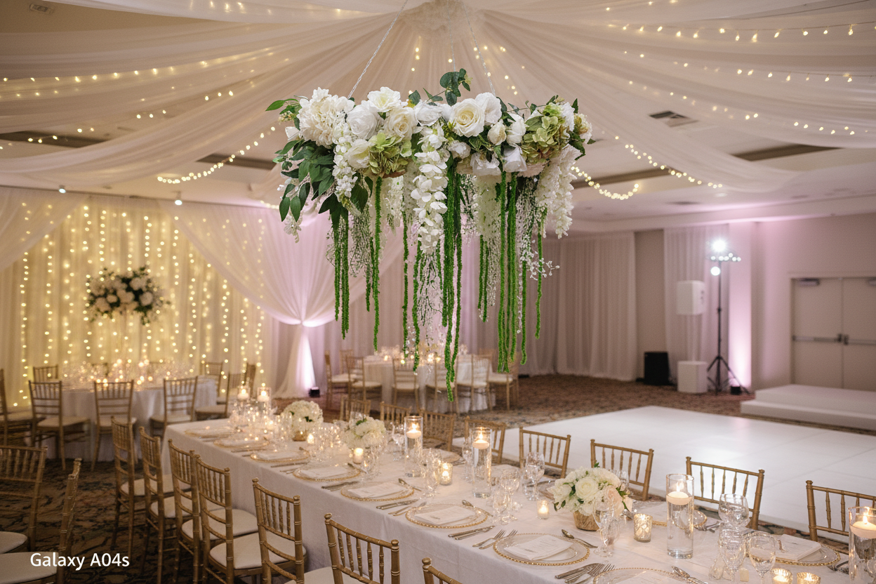 White ceiling hoop in wedding venue