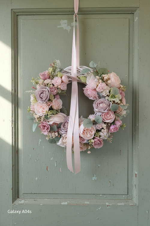 White Chunky Wicker Wreath on Rustic Sage Green Door - Image 2