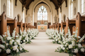 White floral arrangements lining a church aisle