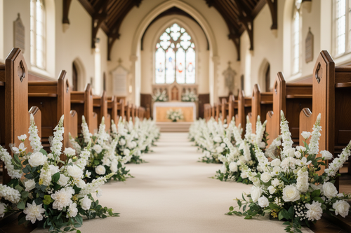 White floral arrangements lining a church aisle