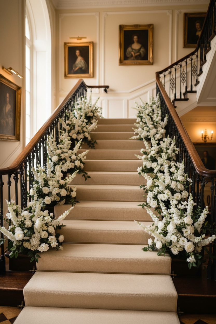 White floral arrangements on staircase without vases