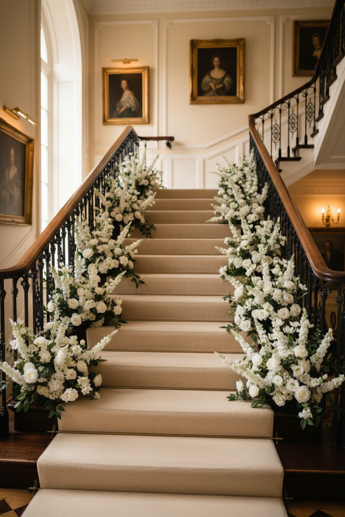 White floral arrangements on staircase without vases