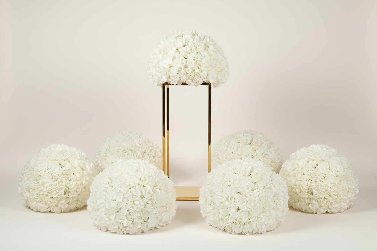White Hydrangea Arrangements with Gold Square Stand