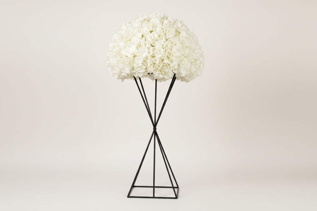 White Hydrangea Ball on Tall Metal Stand