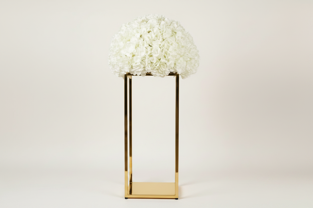 White Hydrangea Ball on Tall Square Gold Stand