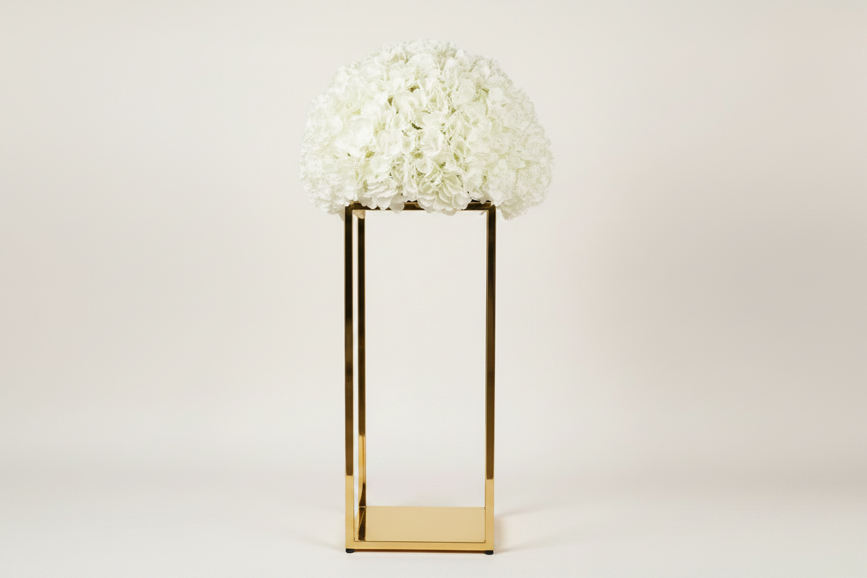 White Hydrangea Ball on Tall Square Gold Stand