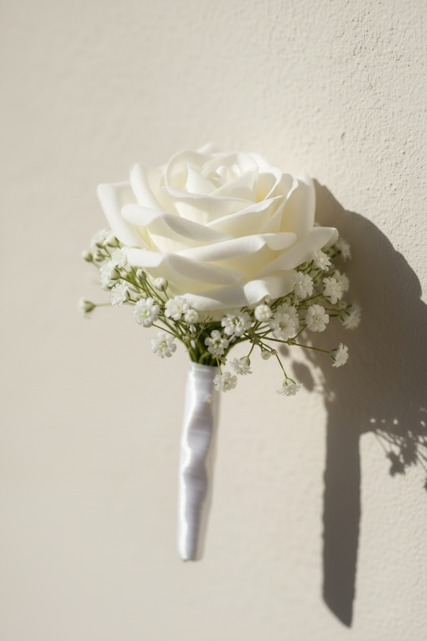 White Rose and Gypsophila Buttonhole No Bow