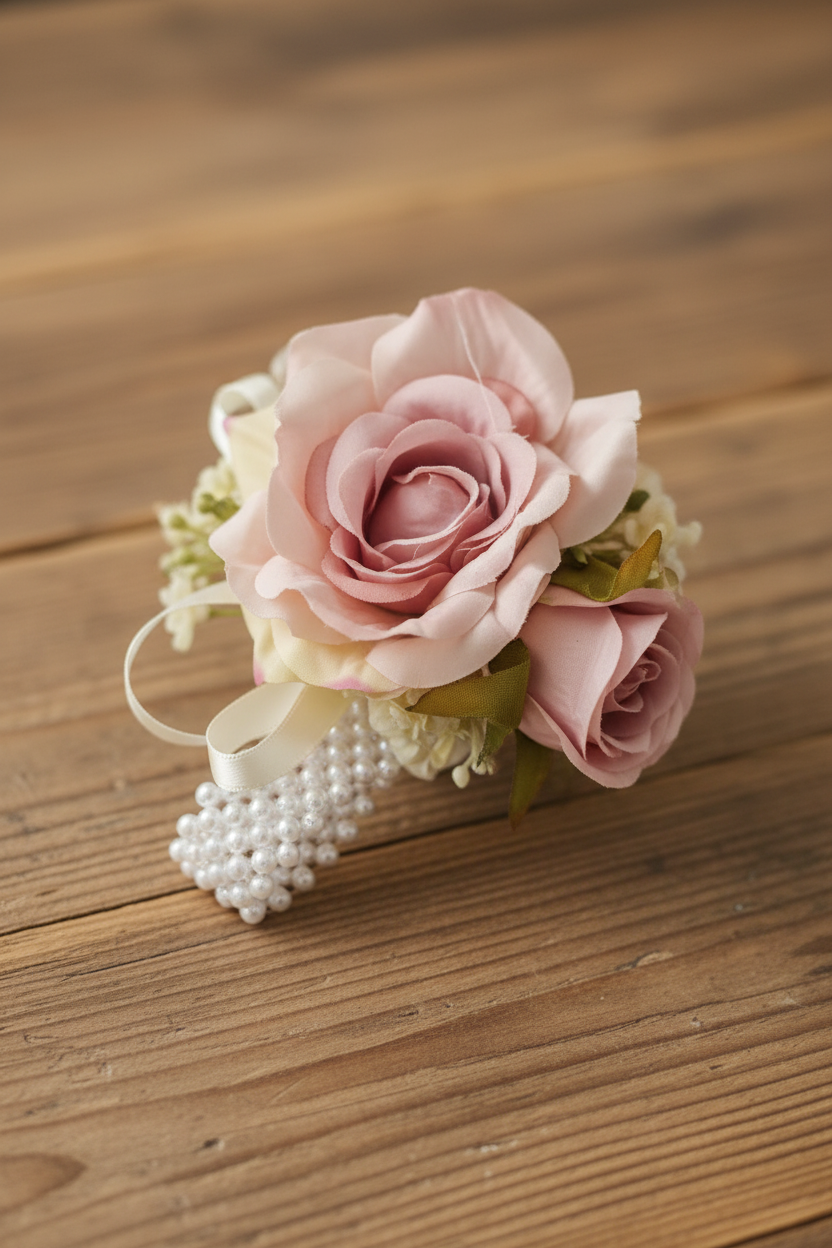 Wrist corsage on rustic wood